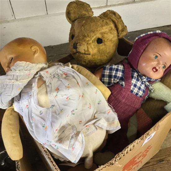 Early 20C mohair teddy bear, Raylan felt baby doll, sundry other dolls, clothing etc (all worn & a.f)